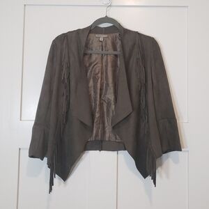 CASTING LA Faux Suede Fringed Open Front Draped Jacket Size Medium Olive Green